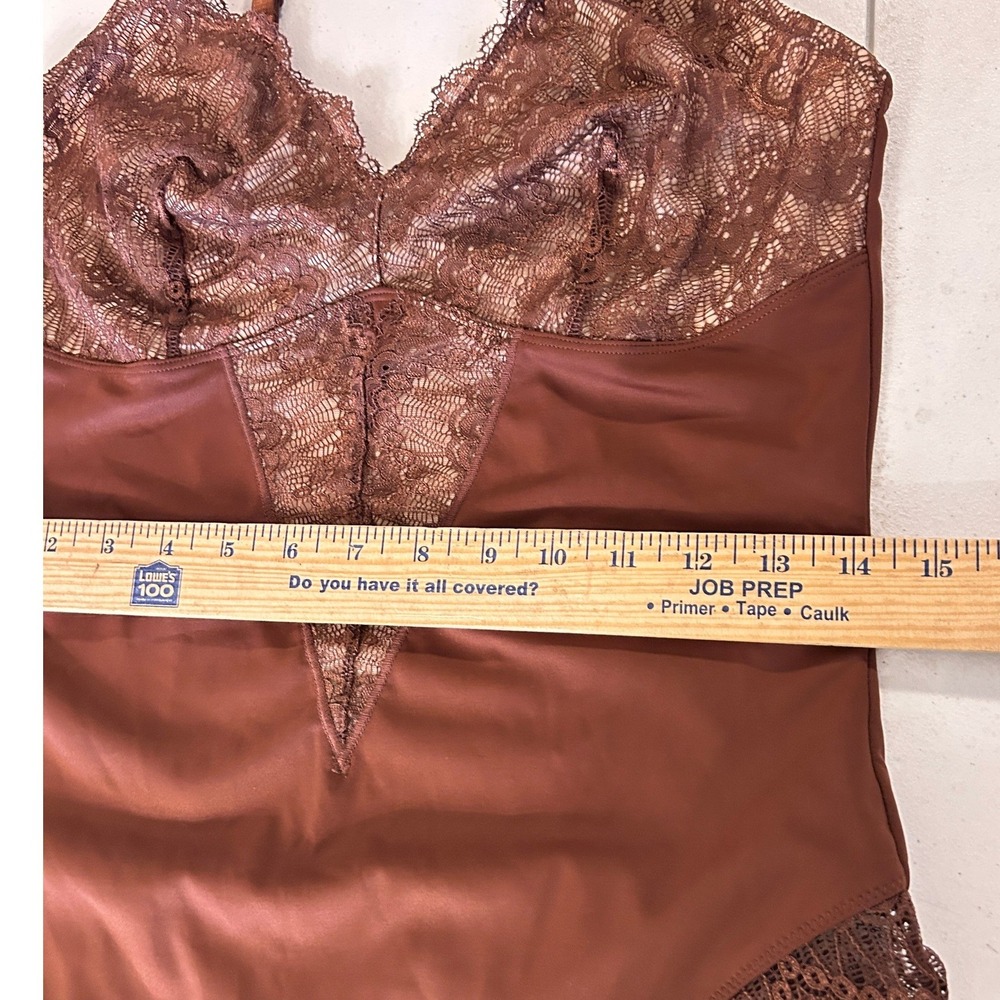 Brown Lace Trim V-Neck Bodysuit Adjustable Straps XXL Thong Back Stretch - Picture 3 of 5